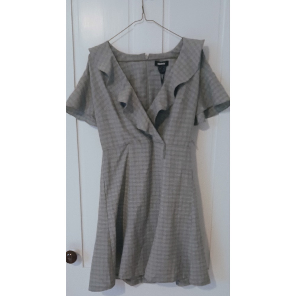 DKNY Heather Gray Tartan Ruffled V-Neck Flared Skirt Short Sleeve Minidress